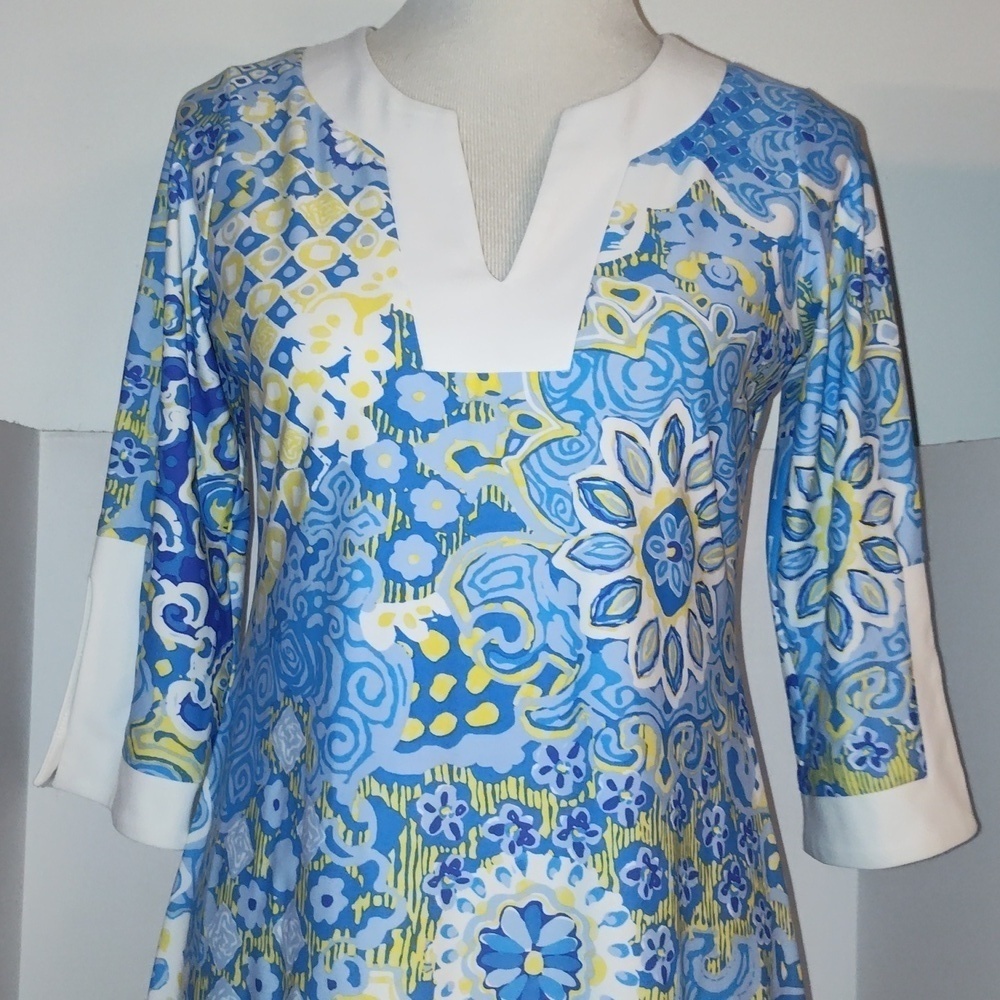 Jude Connally Holly Tunic Mini Dress Small Blue Yellow Majolica Floral Print